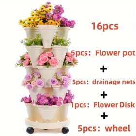 16 Pieces 5-Layer Stackable Flower Pots Vertical Garden Flowers Herbs Strawberry Vegetables Durable Plastic With Mobile Wheels Indoor And Outdoor Flow