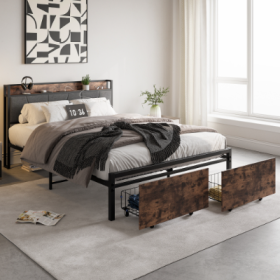 Queen Size Bed Frame, Storage Headboard With Charging Station And 2 Drawers, Solid And Stable, No Box Spring Needed, Easy Assembly, Vintage Brown And