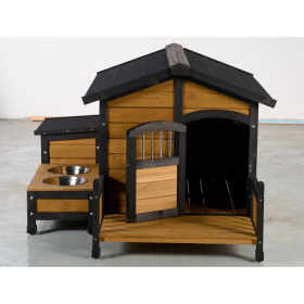 Large Wooden Dog House With Storage Box And Feeding Station, Outdoor Pet Kennel With Asphalt Roof, Porch, And Lockable Door  Weatherproof Fir Wood Dog