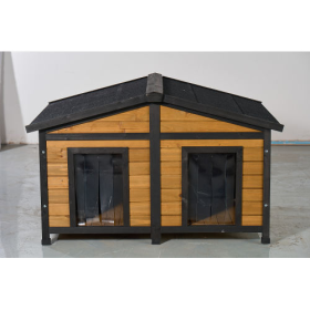 Large Outdoor Wooden Dog House With Dual Doors, Waterproof Asphalt Roof  Lift-Up Top, Fir Wood Dog Shelter For Medium To Large Dogs Black  Natural Fin