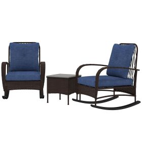 Outsunny 3 Pieces Wicker Patio Furniture Set, Outdoor PE Rattan Rocking Chairs with Coffee Table, Cushions for Porch, Brown