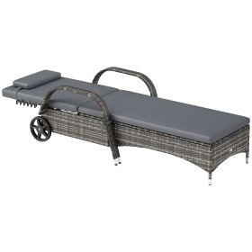 Outsunny Outdoor Chaise Lounge, 5-Level Adjustable Backrest Rattan Pool Lounge Chair with Wheels, Cushion & Headrest, Gray