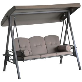 Outsunny Patio Swing Bench 3-Person Steel Canopy Cushioned with Side Trays Comfortable Brown