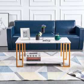 D&N Coffee Table, 2 Layers 1.5cm Thick Marble MDF Rectangle 39.37  L Tabletop Iron Coffee Table , Dining Room, Coffee Shop, Resterant, White Top, Gold