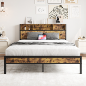 Queen Bed Frame With Storage Headboard, Metal Platform Bed With Charging Station, Bookcase Storage, No Box Spring Needed, Easy Assembly, Noise-Free, B