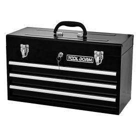 20.3inch Metal Tool Box With 2-4 Drawers Portable Steel Tool Chest With Metal Cylinder Lock And Latch Closure, Black And Red Two Color Powder Coating, (Option: Three Drawer-Black)