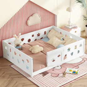 Full Size Floor Bed With Slats, Solid Wood Bedframe With Heightened Safety Guardrails And Door, For Girls, Boys, Teens, Child Bedroom, Kids Playroom, (Color: White)