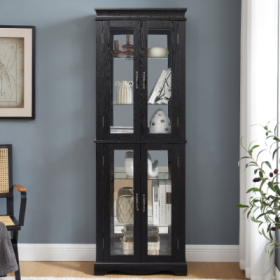 Lighted Glass Curio Display Cabinet,Display Cabinet,Glass Storage Cabinet Glass Wine Cabinet Wood Frame Toy Display For Living Room, Kitchen, Pantry L (Color: black)
