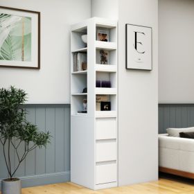 70.87 H Display Storage Cabinet , 4-Tier Shelf, 3 Side Drawers & 4 Small Display Shelves , Modern Wooden Tall Bookshelf Bookcase For Living Room Home (Color: White)