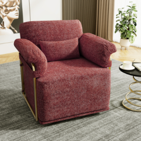 360 Degree Square Swivel Accent Sofa Chair,Fluffy Fabric Lounge Wide Upholstered Reading Chair With Gold Metal Legs, Comfortable Armchair For Living R (Color: Red)