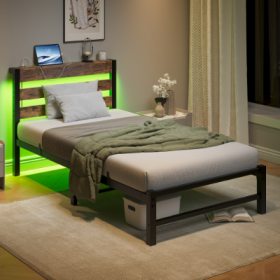 Twin Size Bed Frame Heavy Duty Platform Bed Frame With Headboard, USB Charging Station, LED Bed, No Box Spring Needed, Mattress Foundation, Strong Ste (Option: BeigeBrown)