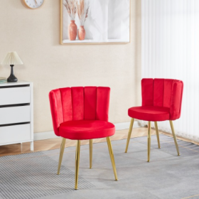 Modern ORANGE Dining Chair  Set Of 2   With Iron Tube Golden Color Legs, Velvet And Comfortable Backrest, Suitable For Dining Room, Living Room, Cafe, (Color: Red)