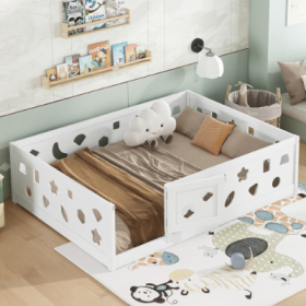 Full Size Floor Bed With Heightened Safety Guardrails And Door, Solid Wood Bedframe With Rails For Girls, Boys, Teens, Child Bedroom, Kids Playroom, N (Color: White)