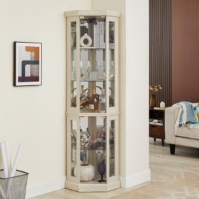 Corner Glass Cabinet Lighted Curio Cabinet Corner Display Case For Living Room, Curio Cabinet, Antique Collection, Wine,Bar Glass Storage Light Includ (Option: Antique White)