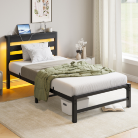 Twin Size Bed Frame Heavy Duty Platform Bed Frame With Headboard, USB Charging Station, LED Bed, No Box Spring Needed, Mattress Foundation, Strong Ste (Option: Color Black)