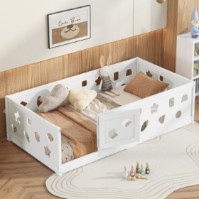 Twin Size Floor Bed With Heightened Safety Guardrails And Door, Solid Wood Bedframe With Rails For Girls, Boys, Teens, Child Bedroom, Kids Playroom, N (Color: White)