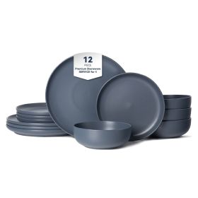 12-Piece Stoneware Dinner Plates Bowls Sets | Microwave & Dishwasher Safe | Non-Toxic Dinner Plates Bowls Set | Stackable Matte Glaze Kitchenware for (Main Material: Stone, Main Color: Blue)
