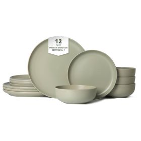 12-Piece Stoneware Dinner Plates Bowls Sets | Microwave & Dishwasher Safe | Non-Toxic Dinner Plates Bowls Set | Stackable Matte Glaze Kitchenware for (Main Material: Stone, Main Color: Green)