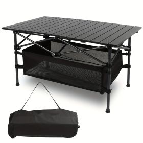 Folding Camping Table, Roll-up Ultra Compact Outdoor Portable Fold Up Lightweight beach Table, with Large Storage and Carry Bag, for Outdoor Cooking (Color: black)