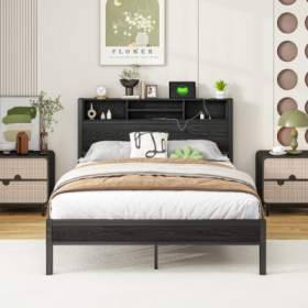 Full Size Bed Frame With Storage Headboard, Metal Platform Bed With Charging Station, Bookcase Storage, No Box Spring Needed, Easy Assembly, Noise-Fre (Color: black)